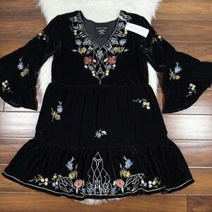 Karyn Seo‎ Women's Size Large Black Embroidered Velvet Frida Dress Long Sleeves